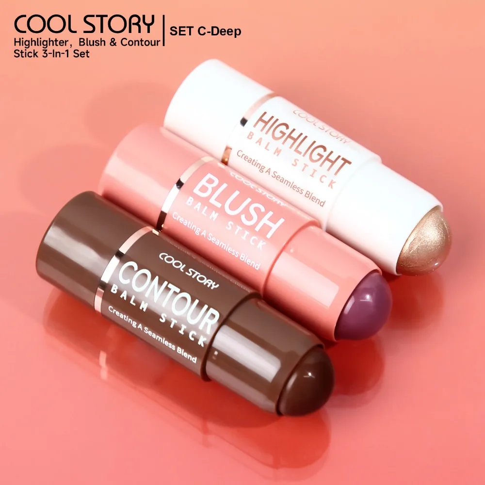 Zestaw Trójkomponentowy do Konturowania Twarzy: Rozświetlacz, Róż, Kontur w Kremie w Sztyfcie na Imprezy, Wesela, Sesje Zdjęciowe, Łatwa Aplikacja, dla Makijażystów