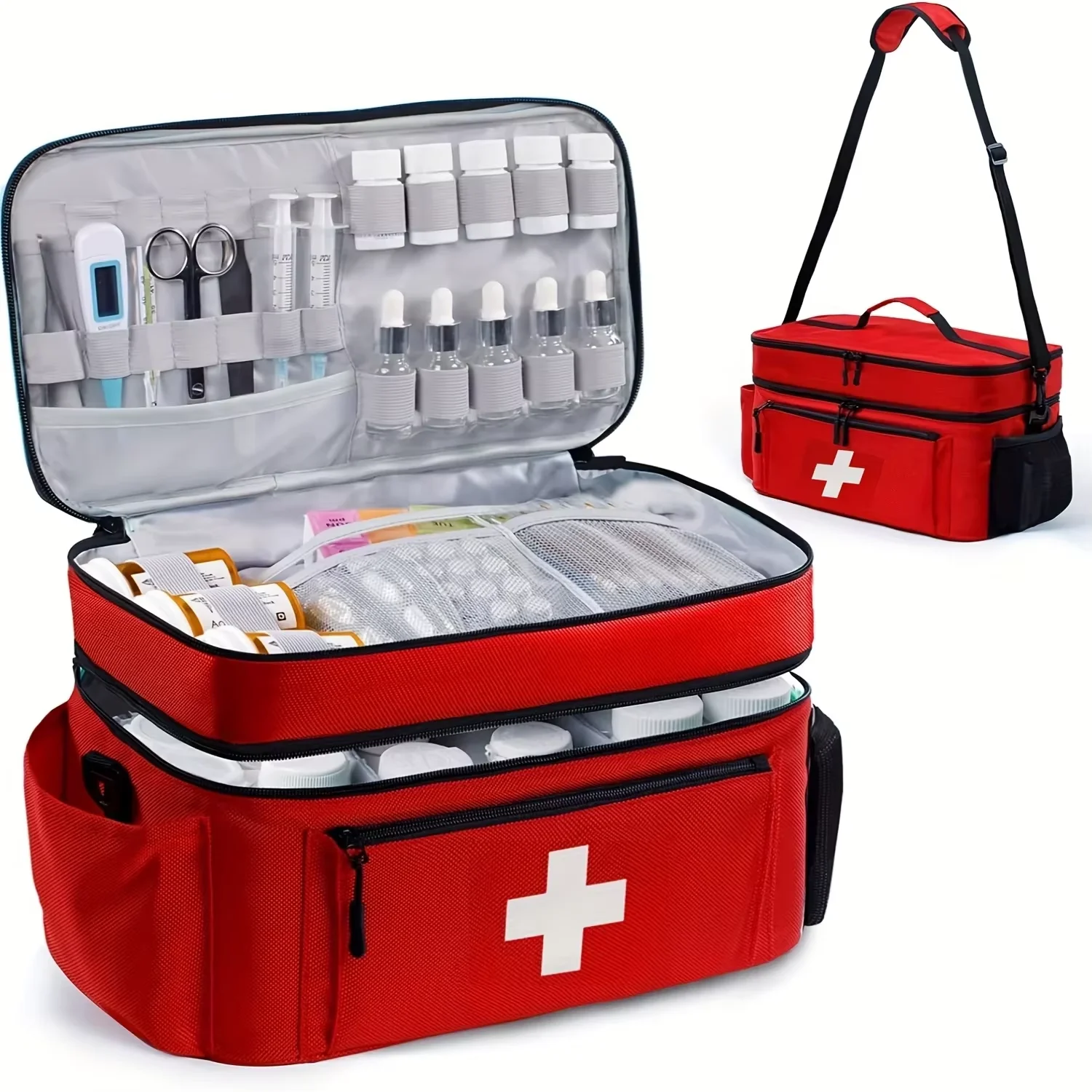 Large Capacity Double Layer First Aid Kit Medical Storage Bag with Shoulder Strap for Home Outdoor Camping Travel Car