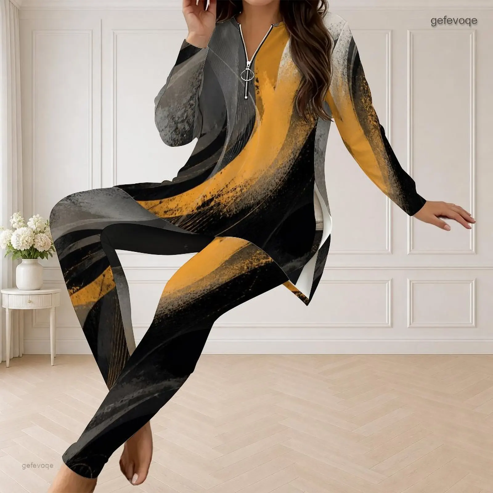 Fall Graphic Print Plus Size Sets Women V Neck Bold Curved Abstract Plus Size Clothes Womens Clothing For Loungewear Casual