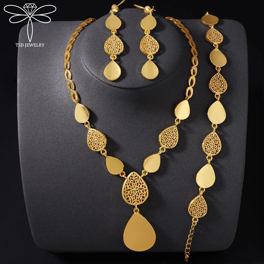 

Arabic Fashion Jewelry Set 21k Gold Plated Nigeria Bridal Wedding Retro Necklace Bracelet Earrings Middle Eastern Gold Jewellery
