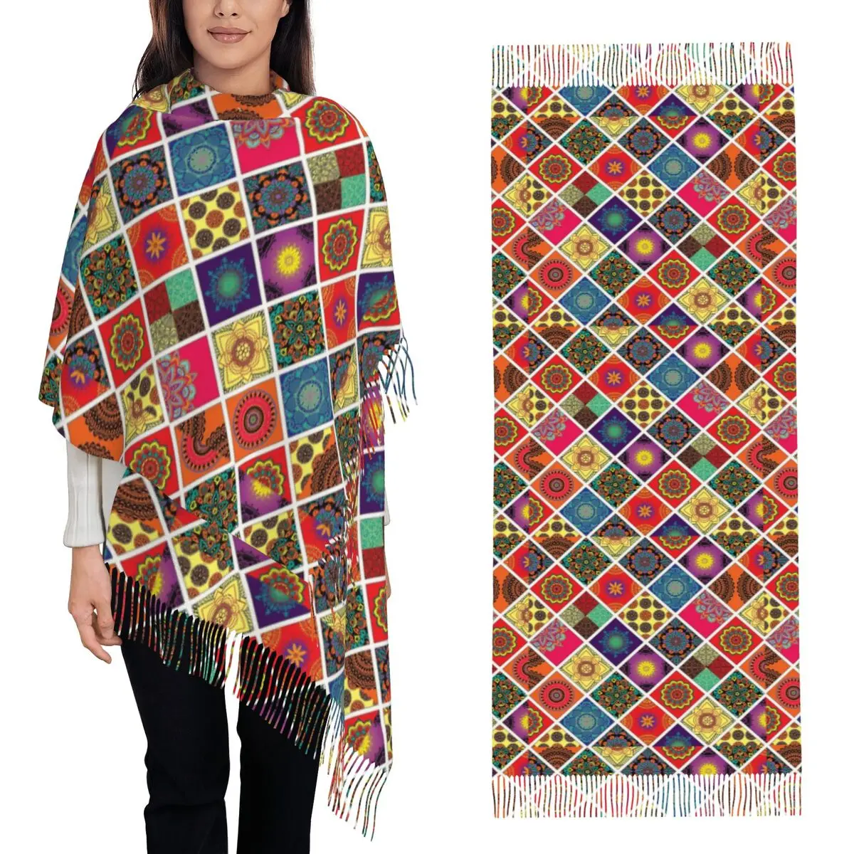 Bohemian Mandala - Retro Hippie Patchwork Scarf Tassel Scarves for Women Soft Warm Shawls and Wraps Large Fall Winter Shawl Wrap