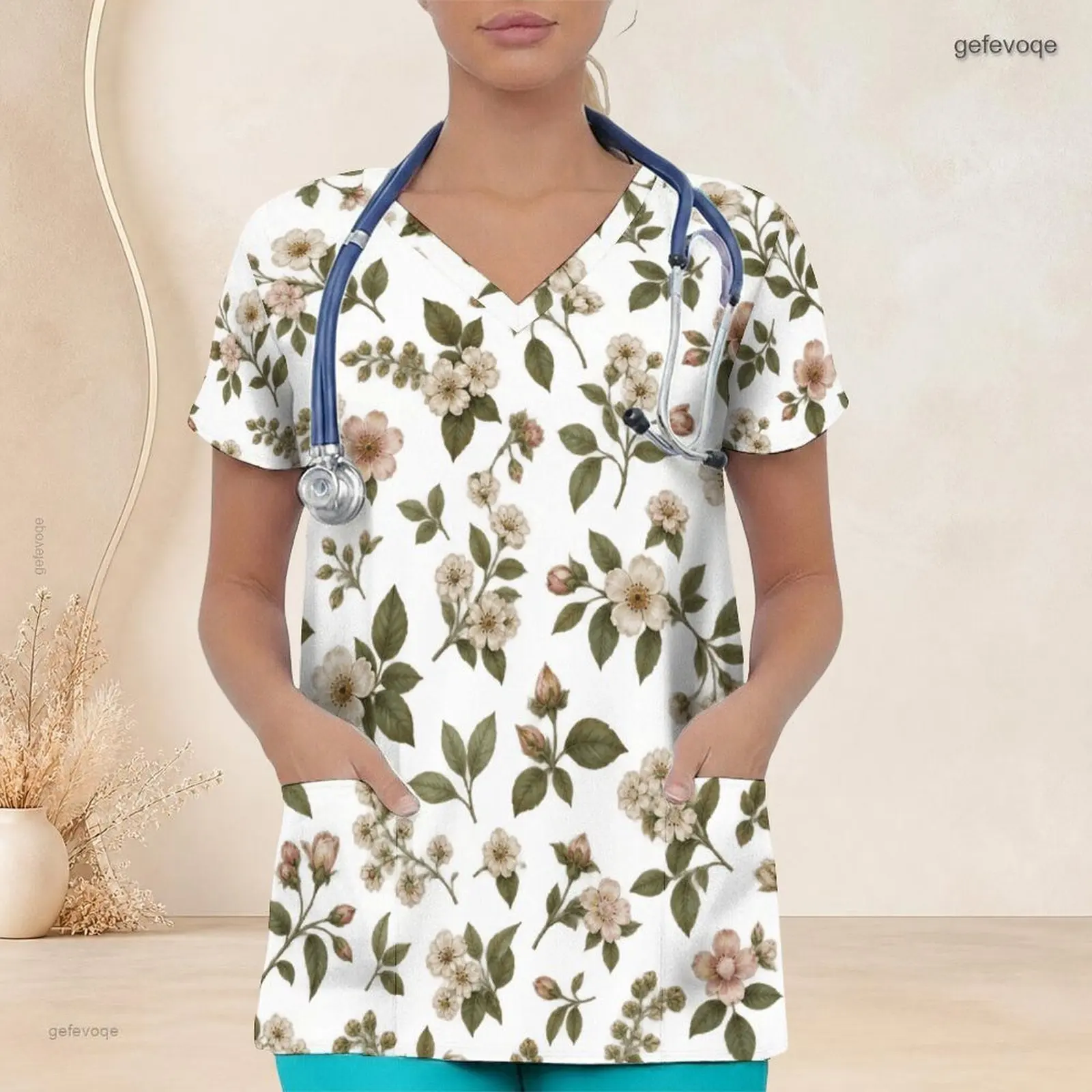 Women Printed Peony Floral V Neck Short Sleeve Scrub Top with Front Pockets