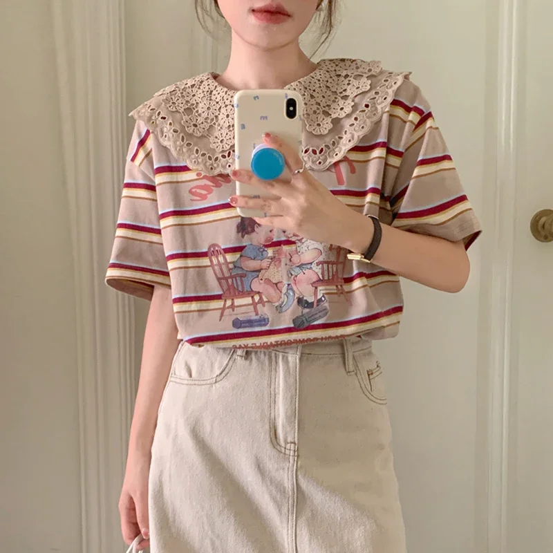 Komiyama Summer Lace Peter Pan Collar Tees Hit Color Stripe Y2k Tops Korean Style Ropa Mujer Vintage Short Sleeve T Shirt