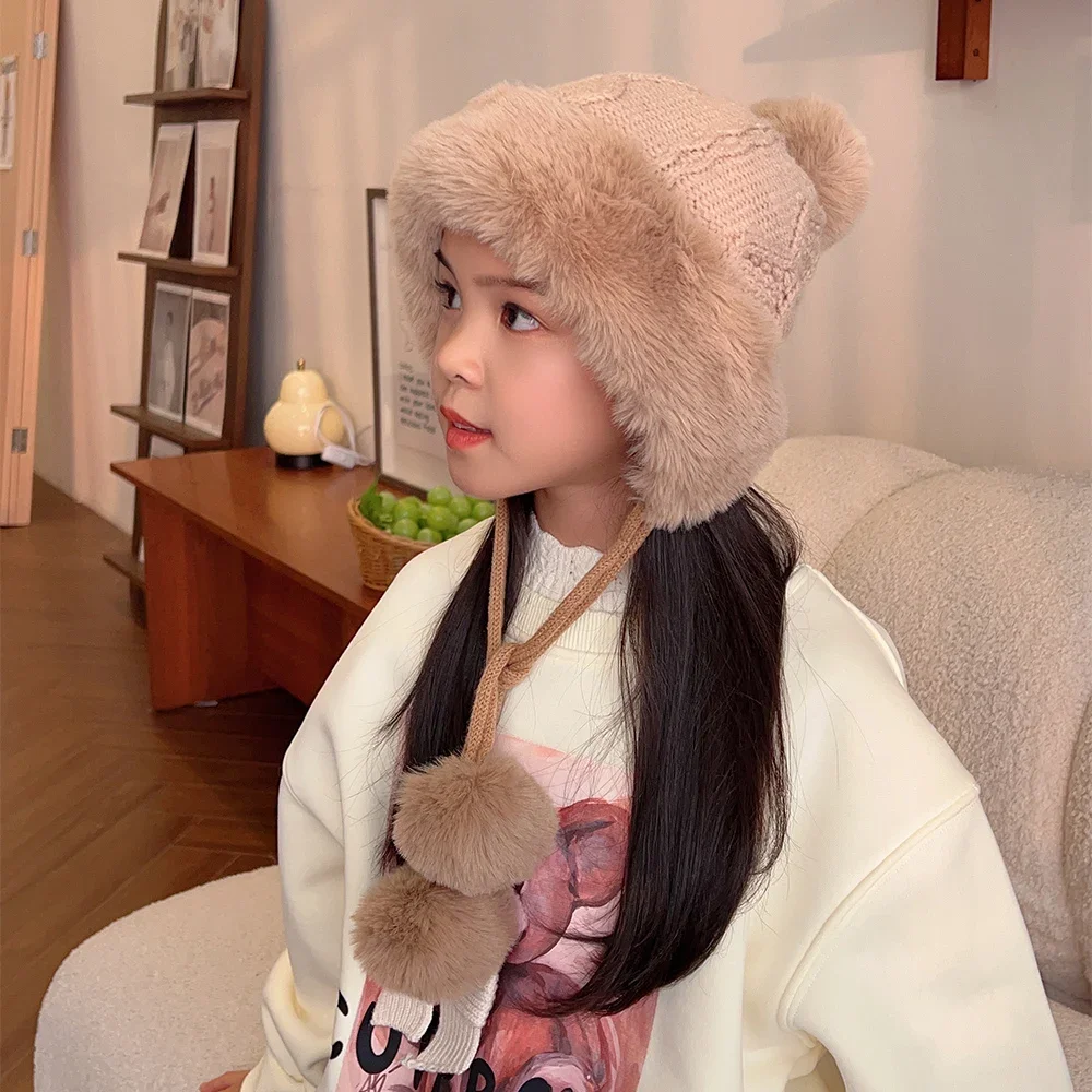 New Girls Knitted Pom Pom Ball Beanie Cap Outdoor Warm Fluffy Winter Hat for Girls Plush Baby Hat Toddler Ear Protection Cap