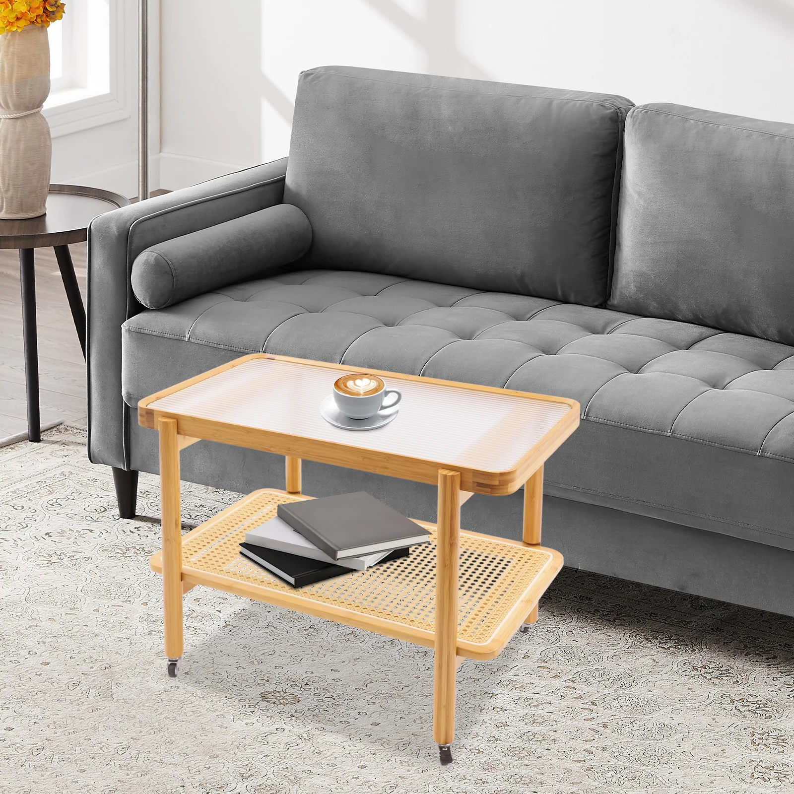 Mobile 2-Tier Bamboo Coffee Table with Wheels, Tempered Glass Top Rattan Shelf for Living Room Home