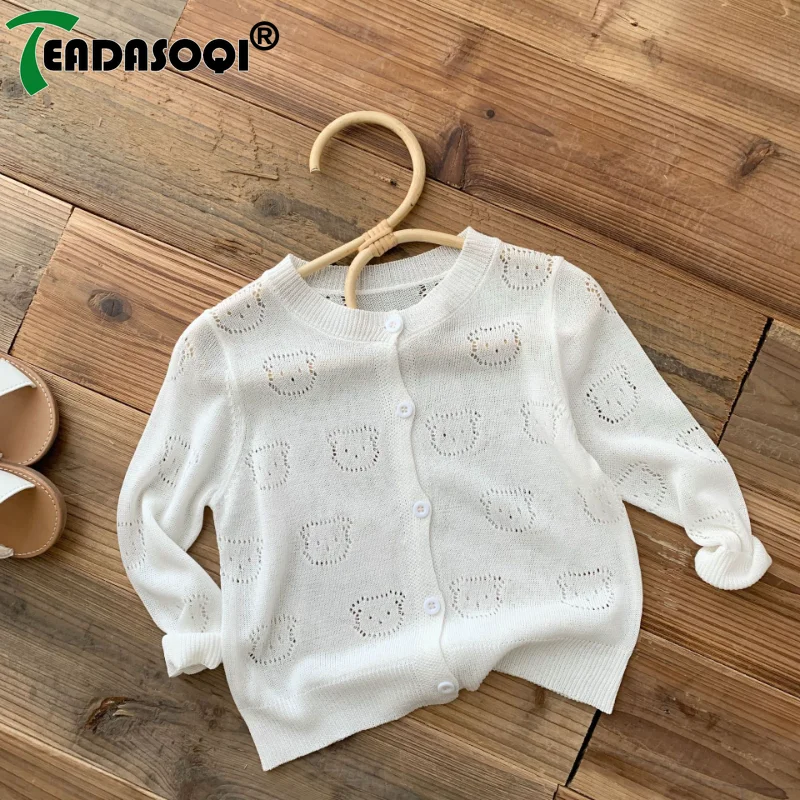 Fashion Baby Boys Girls Kids Summer Air-Conditioned Cardigan Solid Color Knitted Tops Hollow-Out Bear Sweater Coat Children 0-6Y