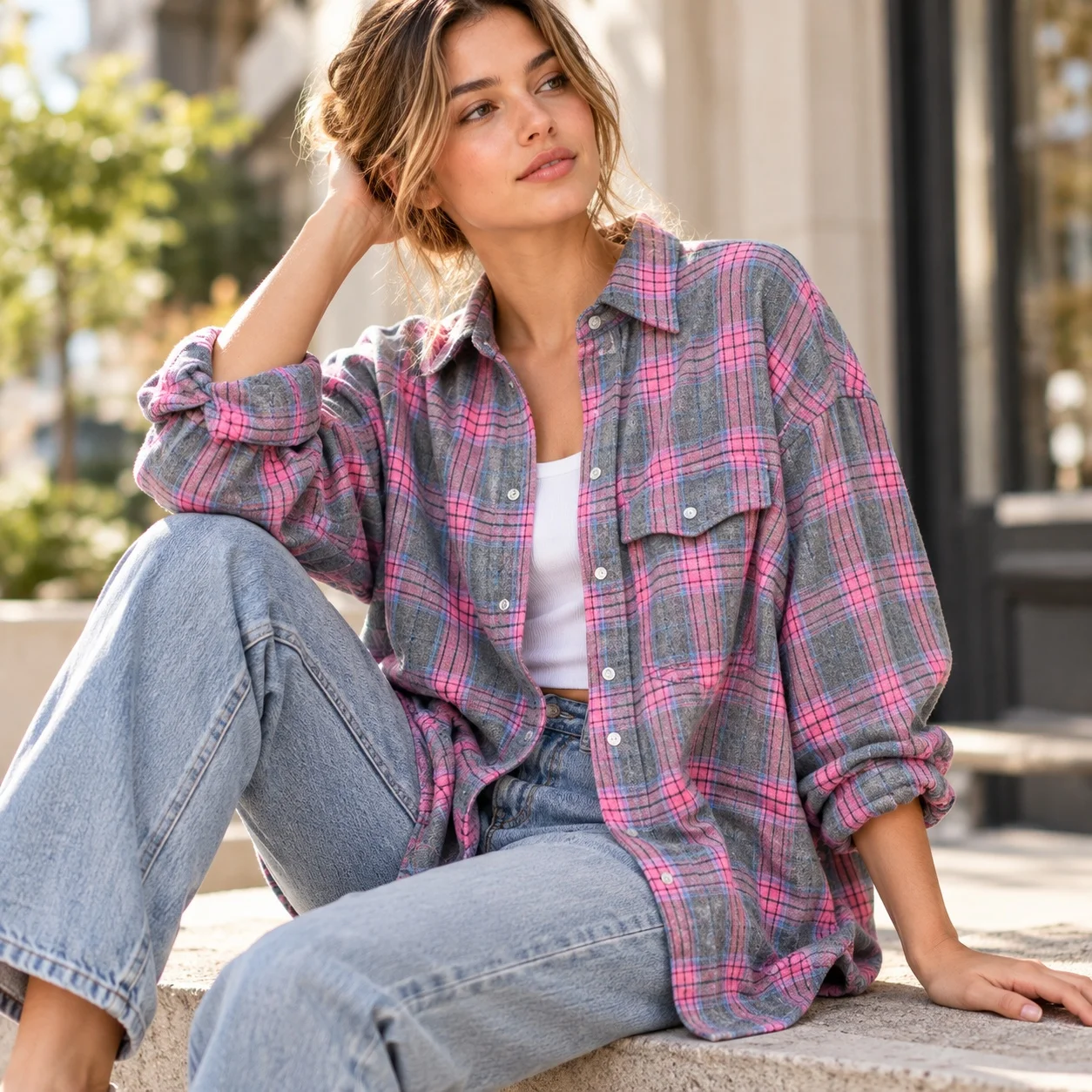 Loose Fit Plaid Shirt Regular Length Streetwear with Wrinkle Finish Regular Sleeve Checkered Pattern Button Front Women Shirt