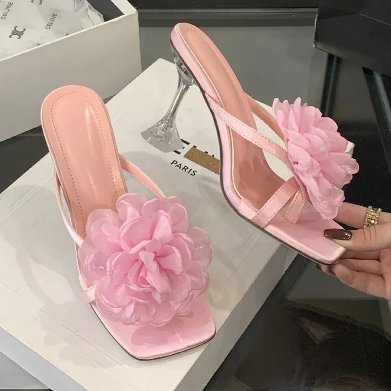 

Satin Flower High Heels Sandals Women Fashion Square Toe Slides Dress Shoes Ladies Summer Footwear Elegant Slippers Female Pumps