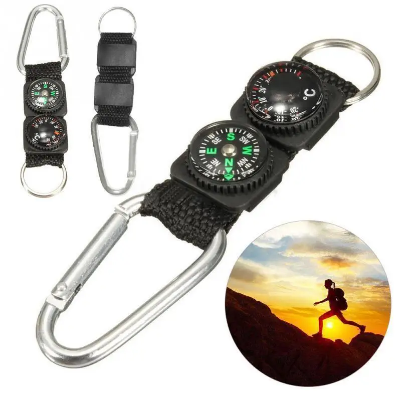 2pcs Universal 3in1 Multifunction Compass Camping Hiking Mini Carabiner Keyrings with Keychain Outdoor Tool Compass Thermometer