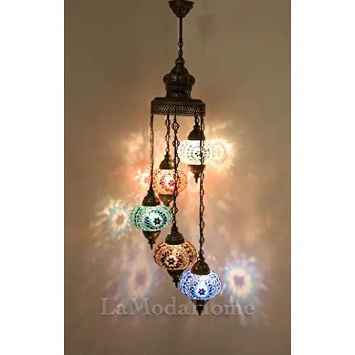 LaModaHome 40 + Unique Colors, 2020 Customizable Chandelier 5 Globes + Free 5 Bulbs, stunning Mosaic Turkish Lamp Moroccan Light