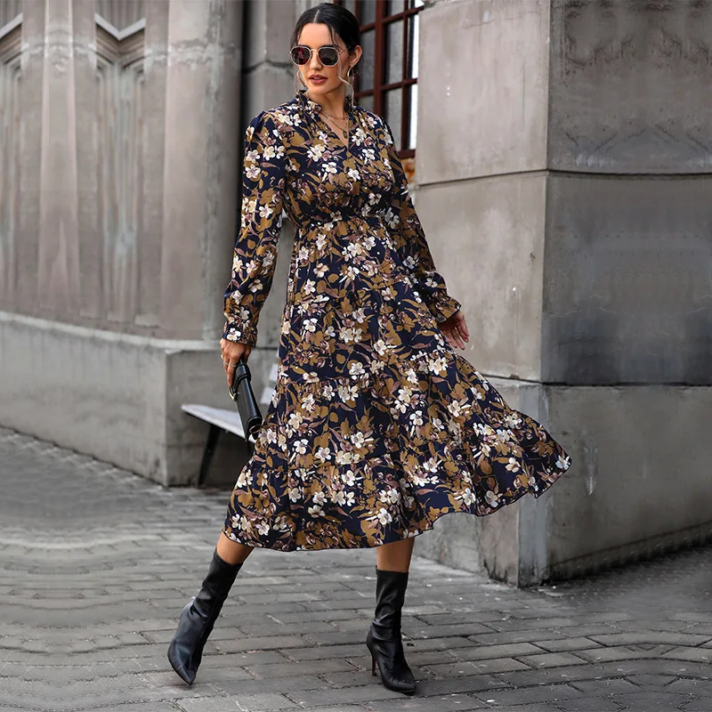 

Women's Floral Party Midi Dress, Female Clothing, Elegant, Casual, Vintage, Knitted, Fall Outfits