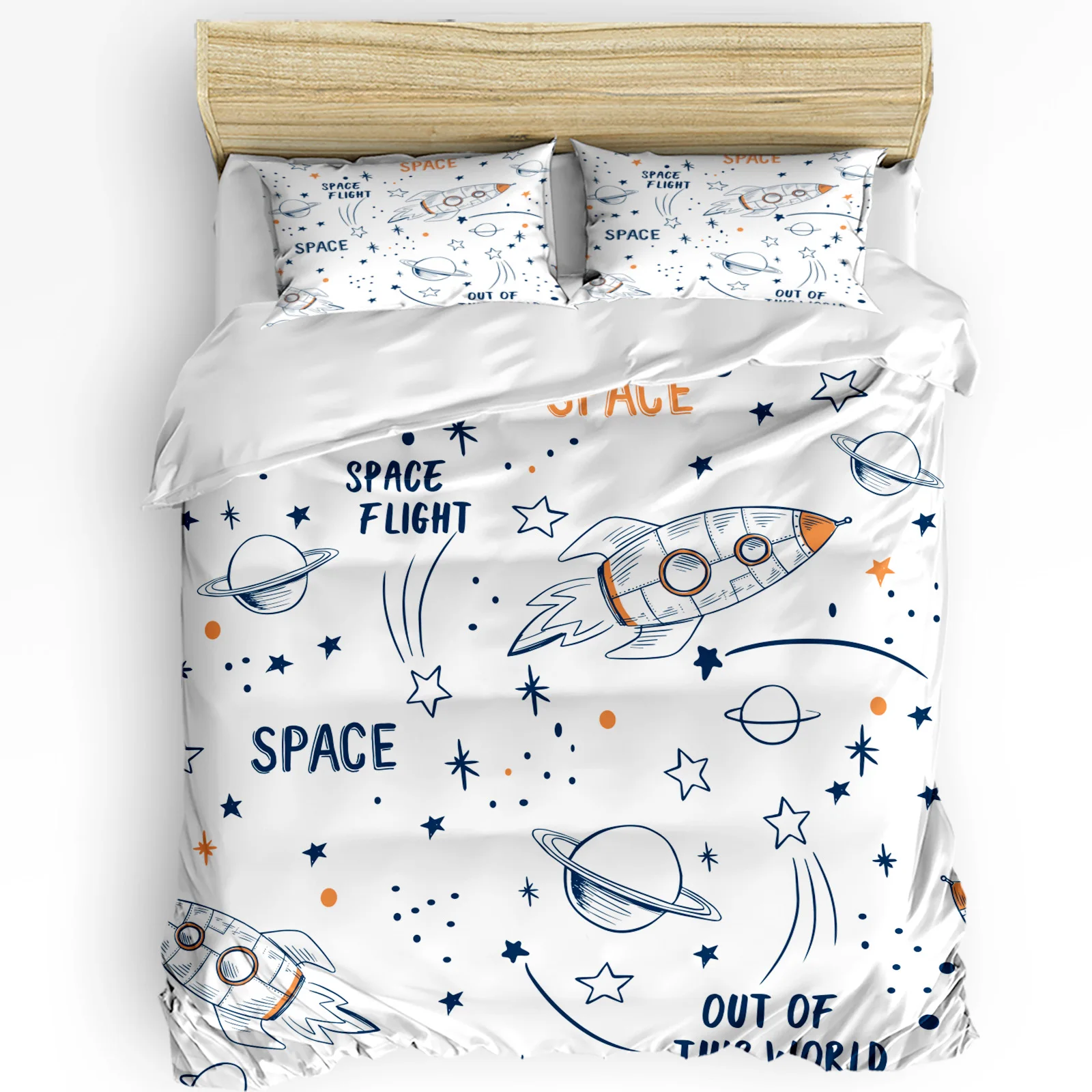 

3pcs Bedding Set Rocket Flying Cartoon Universe Space White Duvet Cover Pillow Case Boy Kid Teen Girl Bedding Covers Set