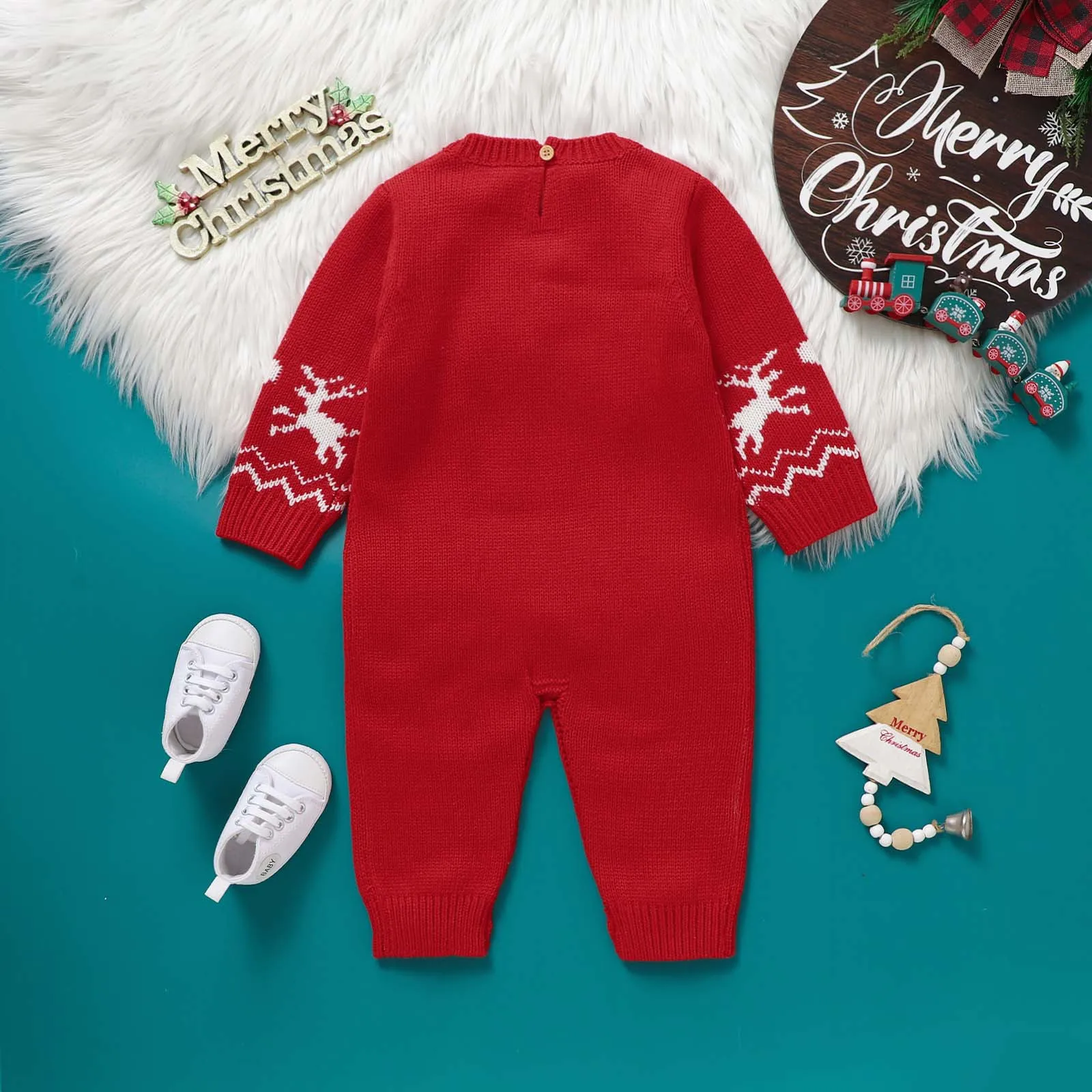 Christmas Baby Rompers Knit Newborn Boy Jumpsuit Outfit Long Sleeve Infant Girl Clothing Hat Cute Elks 2PCS Xmas Playsuit Winter