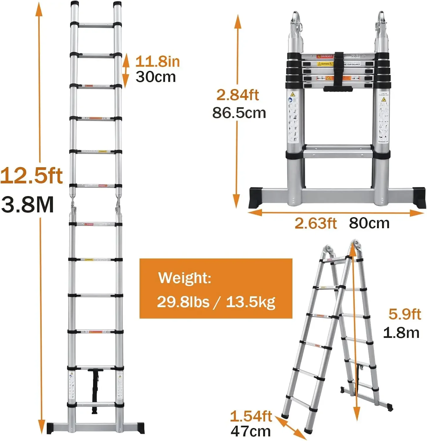 Telescoping Ladder 12.5ft, 2-in-1 Folding Ladder Adjustable Height 6 + 6 Steps, Home Ladder with Stabilizer Bar, 330lbs