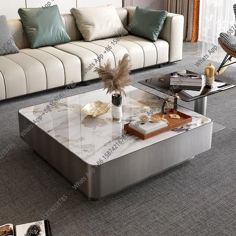 Modern light luxury stainless steel wire drawing process, bright rock slab coffee table, high-end living room square
