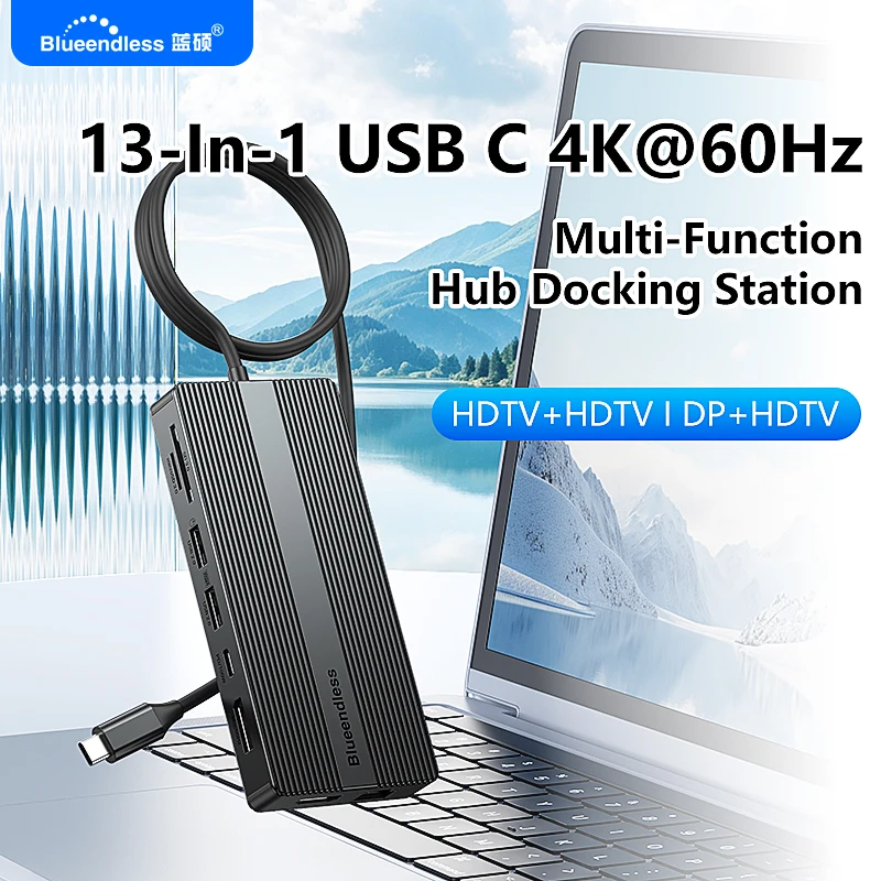 Blueendless 13-In-1 USB-C MST Displayport Dock USB 3.2 USB C Hub 4K 60Hz 13 In 1 HDTV DP RJ45 USB Type C Hub Multiport Adapter