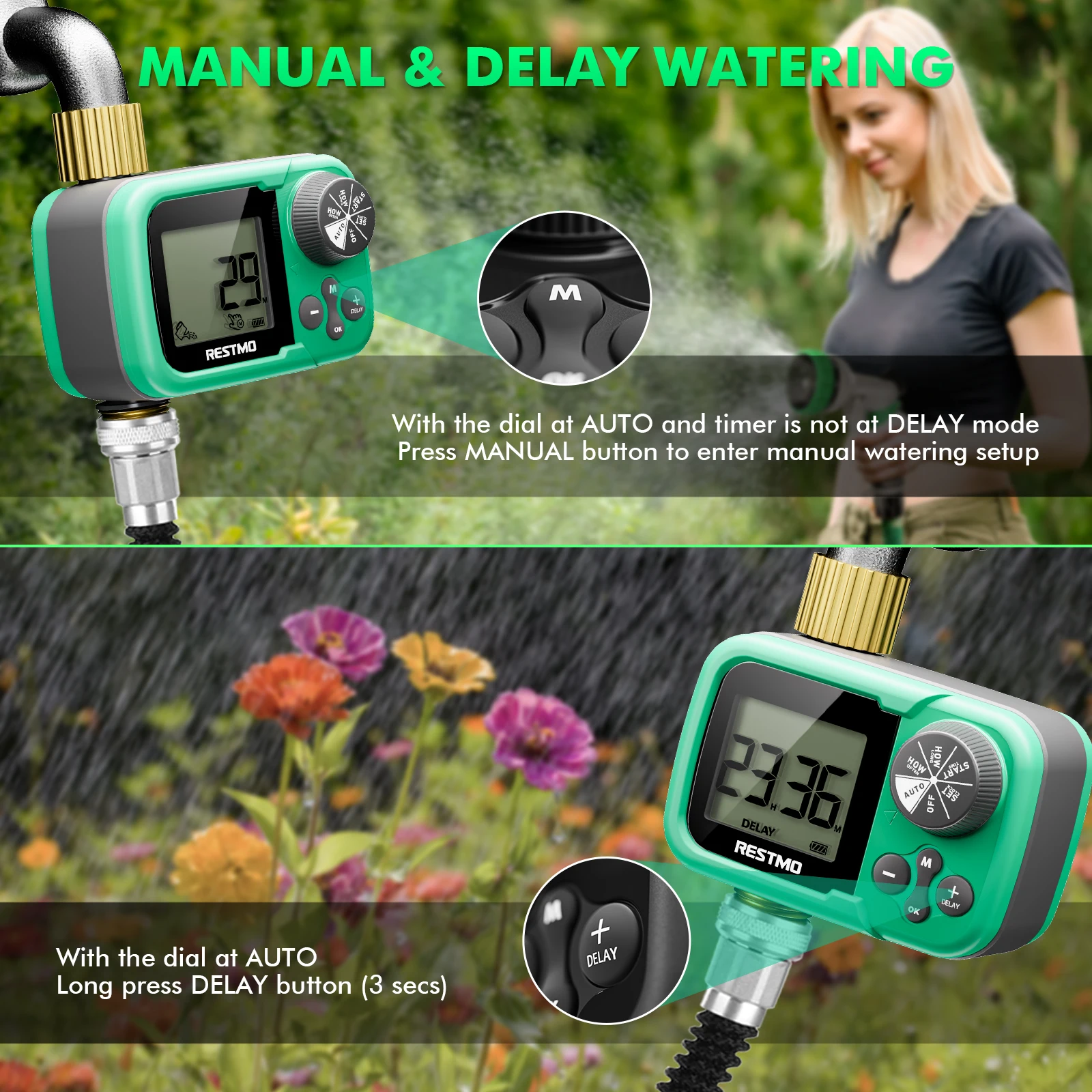 Muti-Functional Sprinkler Timer with Brass Inlet&Outlet Zero Water Pressure Large Display House Outdoor Water Flow Controller