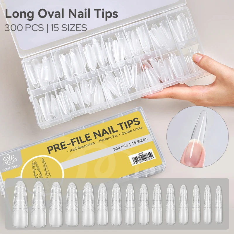 BORN PRETTY Matte Lange Ovale Aufklebenägel 300 Stück 15 Größen Vollständige Abdeckung Vorgefertigte Acryl-Kunstnägel DIY Maniküre