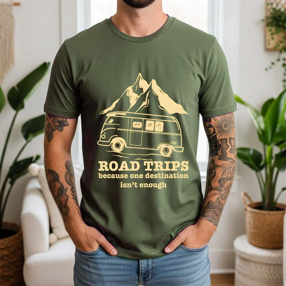 2026 Summer 100% Cotton Road Trips Graphic Oversized Tee Road Trips Camper Van Outdoor Themed Short Sleeve