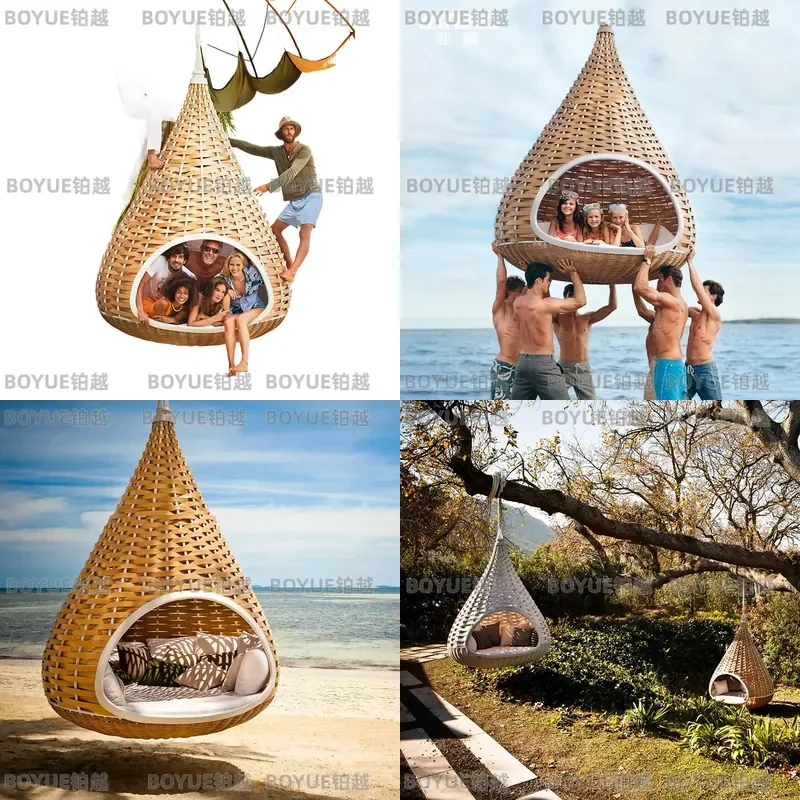 Outdoor Rattan Hanging Chair Swing Wicker Hammock Seat for Patio Garden Courtyard Seaside Relaxation Romantic Leisure Basket