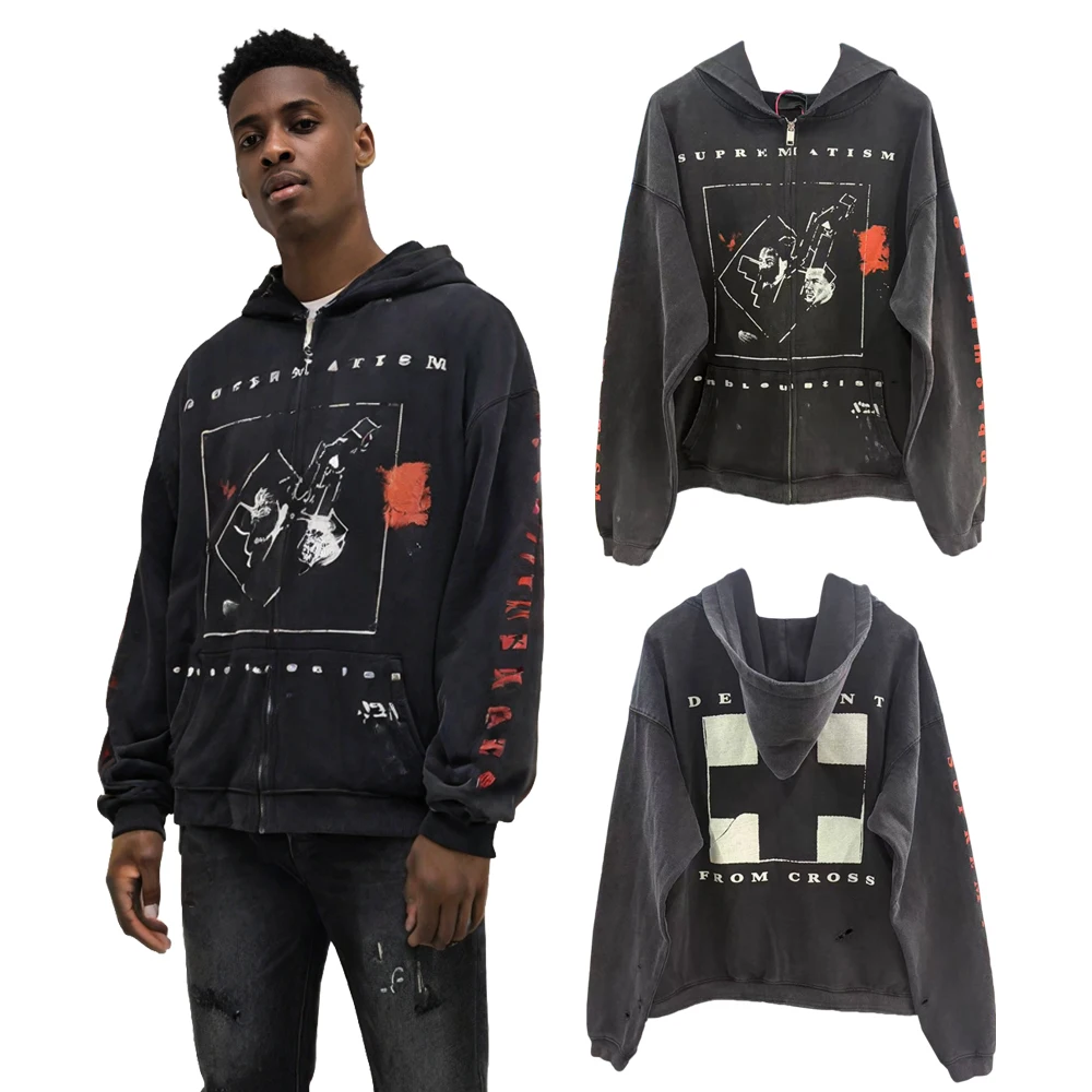 Y2k Subculture Streetwear Zip Up Hoodies Hip Hop Street Style Heavy Weight Cotton Retro Distressed Ripped Casual Zippper Hoodies