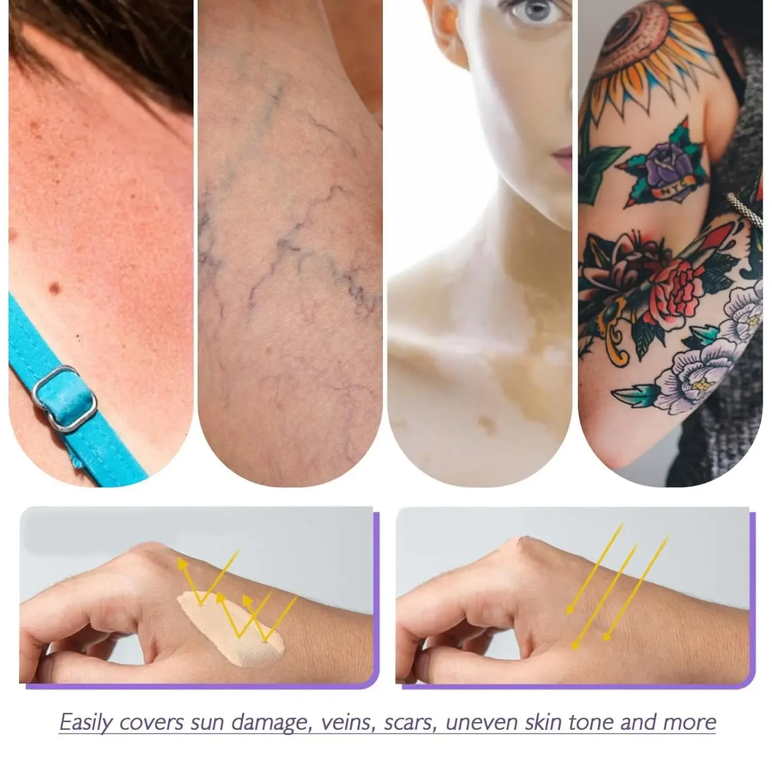 Korektor do tatuaży, kryjący niedoskonałości, blizny, odciski, ciemne plamy, pełne krycie, wodoodporny, wygładzający skórę, kryjący ciało, perfekcyjny makijaż.