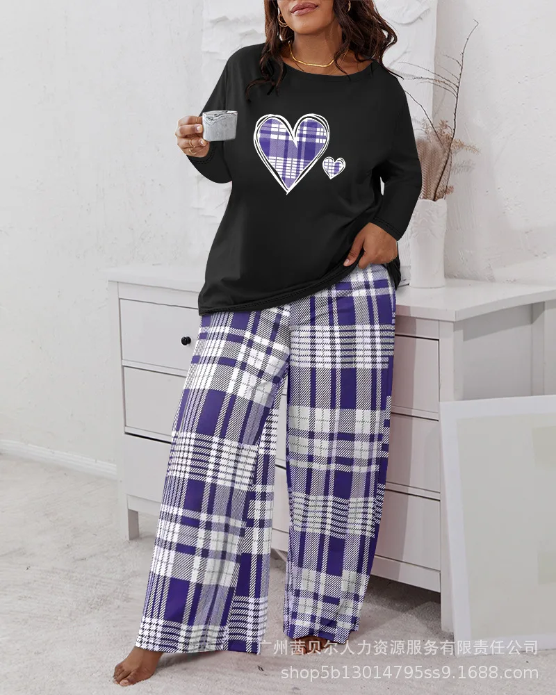Women Pant Sets Two Pieces Casual Matching Set Long Sleeve Print Round Neck Top Middle Elastic Waist Wide Leg Pants Loose Summer