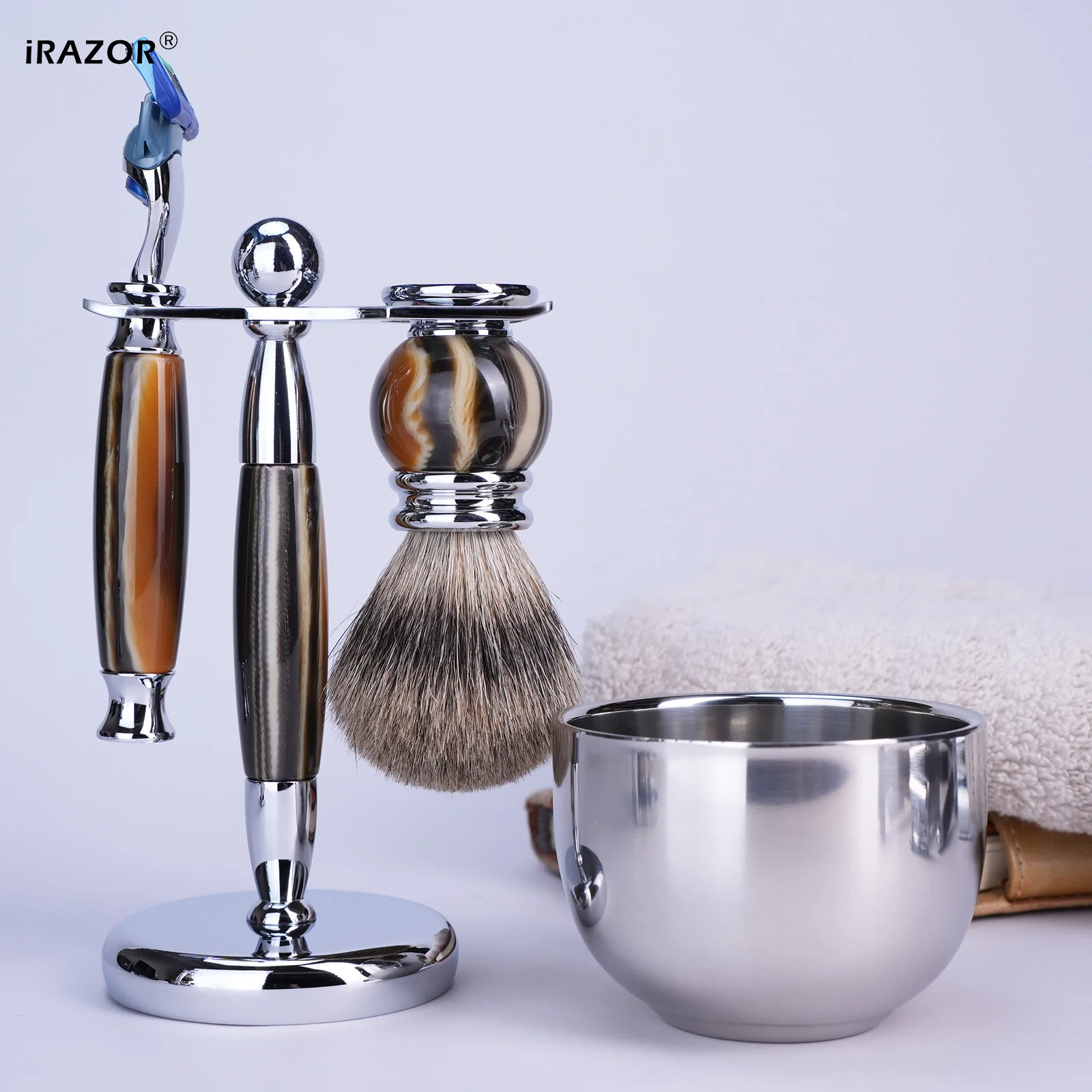iRAZOR الفاخرة 5-Blade F5 الانصهار الحلاقة الحلاقة عدة للرجال مع الراتنج مقبض الفضة الغرير فرشاة شعر السلطانية أداة تهذيب الشعر هدية