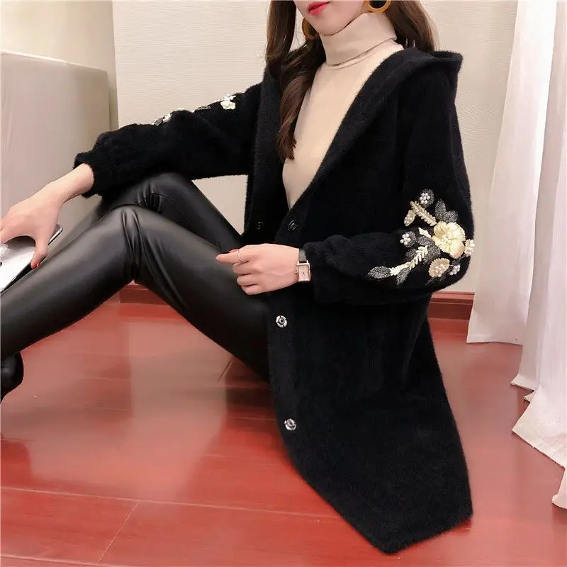2024 Autumn Winter Middle Aged Women Faux Mink Cashmere Sweater Coat Thicken Hooded Mother Knitted Cardigan Woolen Coats U922