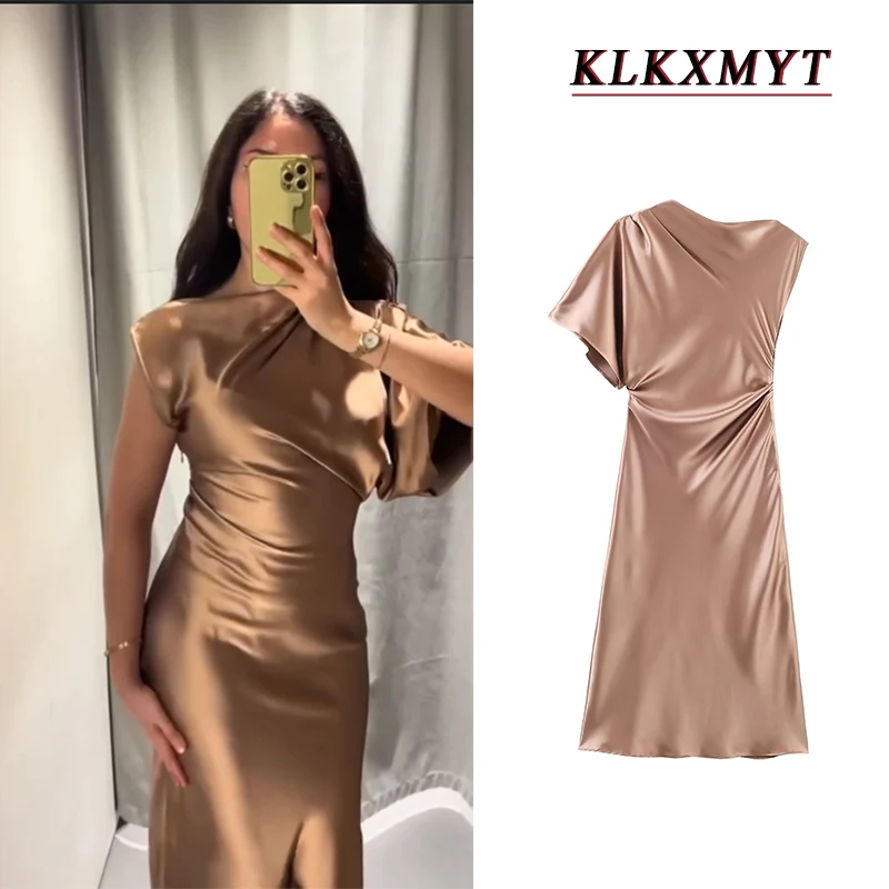 Damen Mode Seiden-Satin Asymmetrisches Partykleid Weibliches Sexy Schulterfreies Abendkleid Frühling Sommer ﻿   Elegantes Kleid