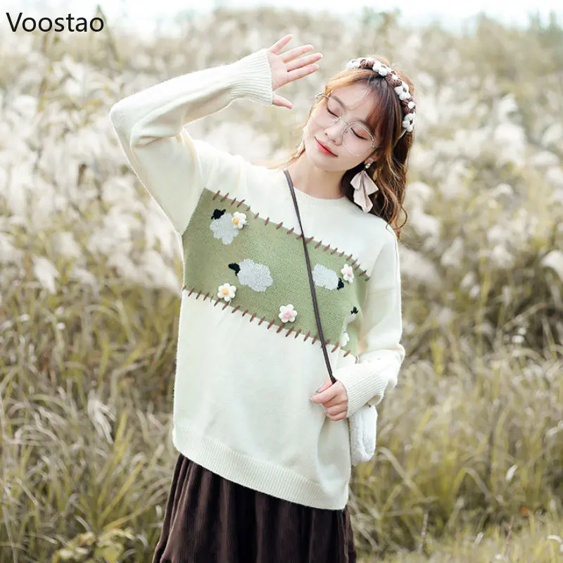 Spring Autumn Sweet Women Kawaii O-Neck Cartoon Sheep Flower Jacquard Sweater Girly Harajuku Cute Loose Knitted Pullover Tops