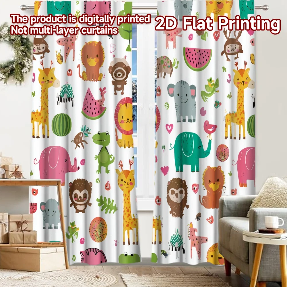 2pcs, 2D FLAT PRINTING Curtains (Without Rod) Animal Alphabet Christmas Festival Chic Print Curtains Prints Light Filtering