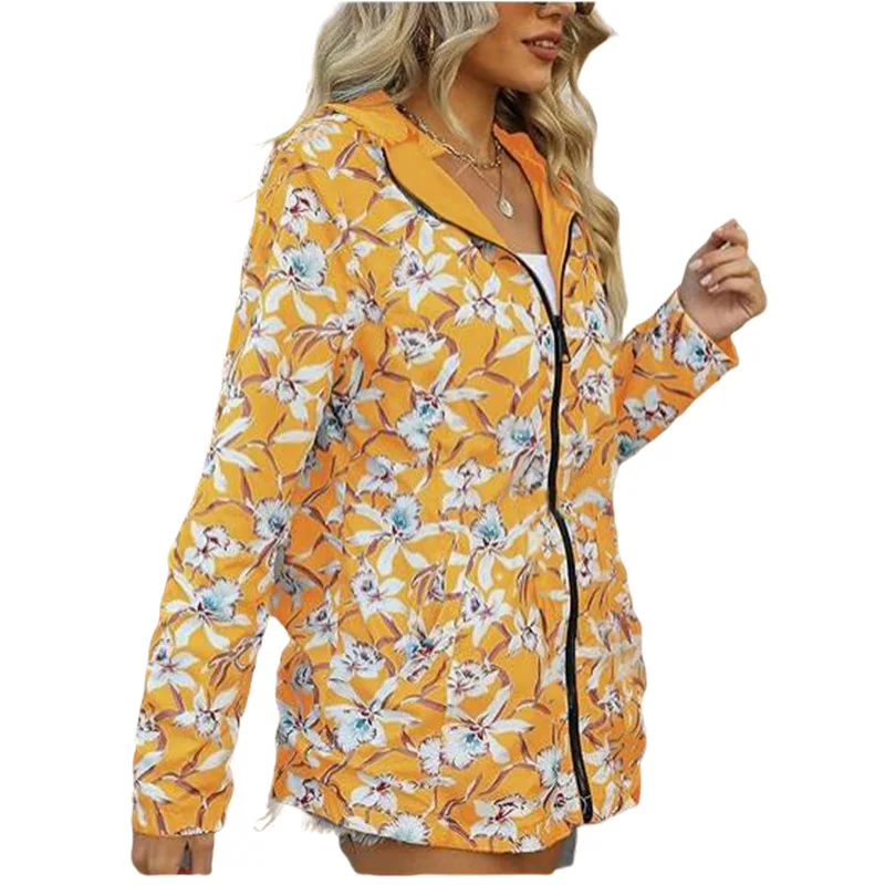 Women's Autumn Zip-up Hooded Jackets Fashionable Reversible Jacket Long-sleeved Floral Print Casual Coat Outdoor Windbreaker