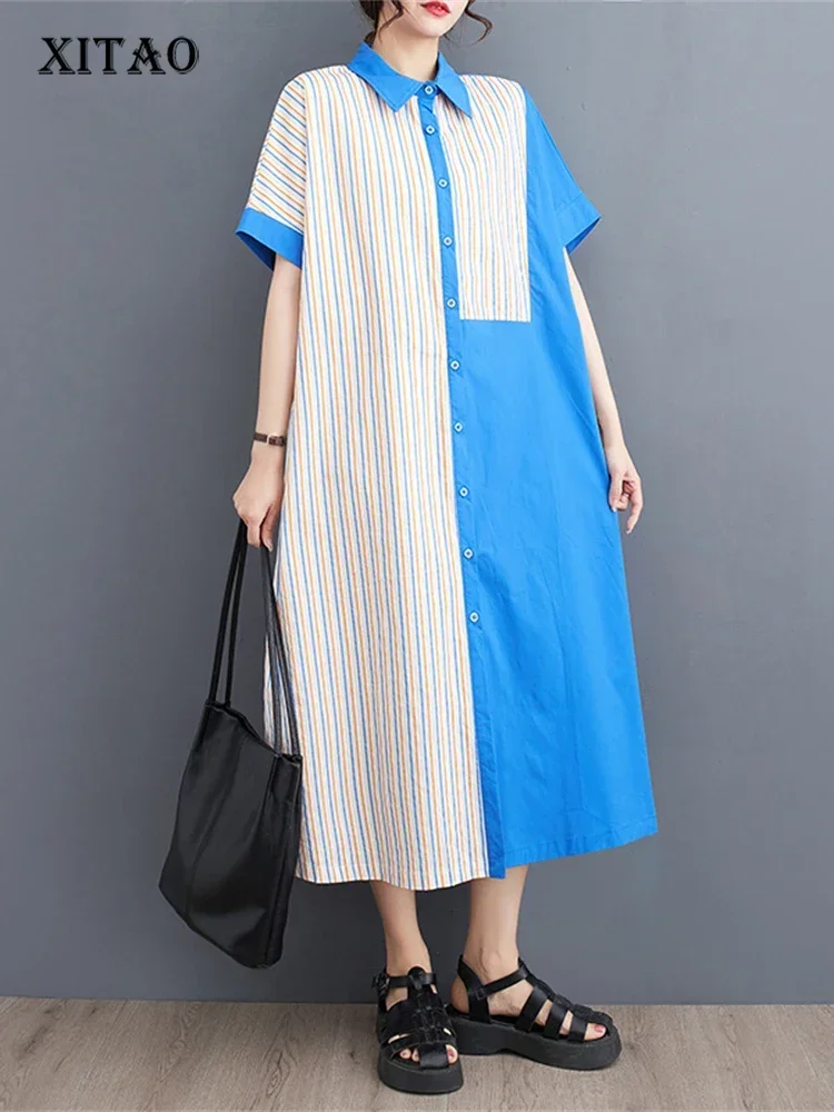 

XITAO Striped Dress Fashion Women Goddess Fan Single Breasted Goddess Fan Casual Style Loose 2024 Summer Elegant Dress WLD11528