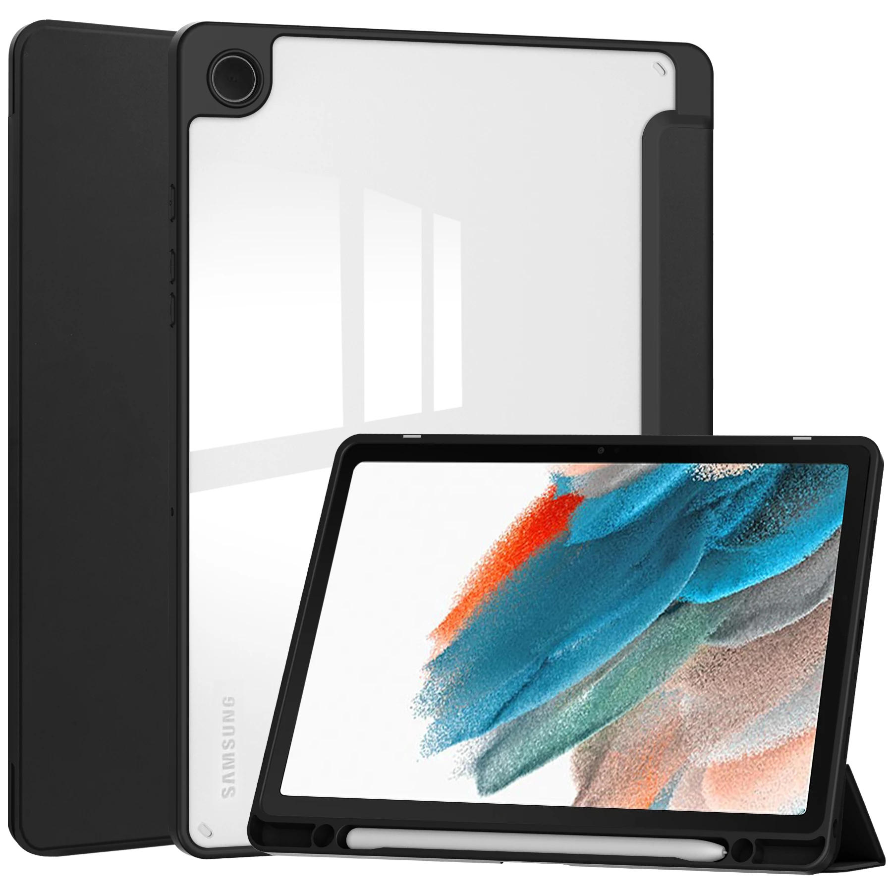 

Clear Back Cover for Samsung Galaxy Tab A9+ PU+TPU+Acrylic Tablet Case with Pen Slot - Black