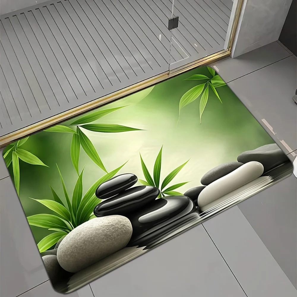 Relax Oriental Green Bamboo Zen Stone Bath Mat  Calm Spa Stacked Pebble Design Anti Slip Washable Bathroom Decor Doormat