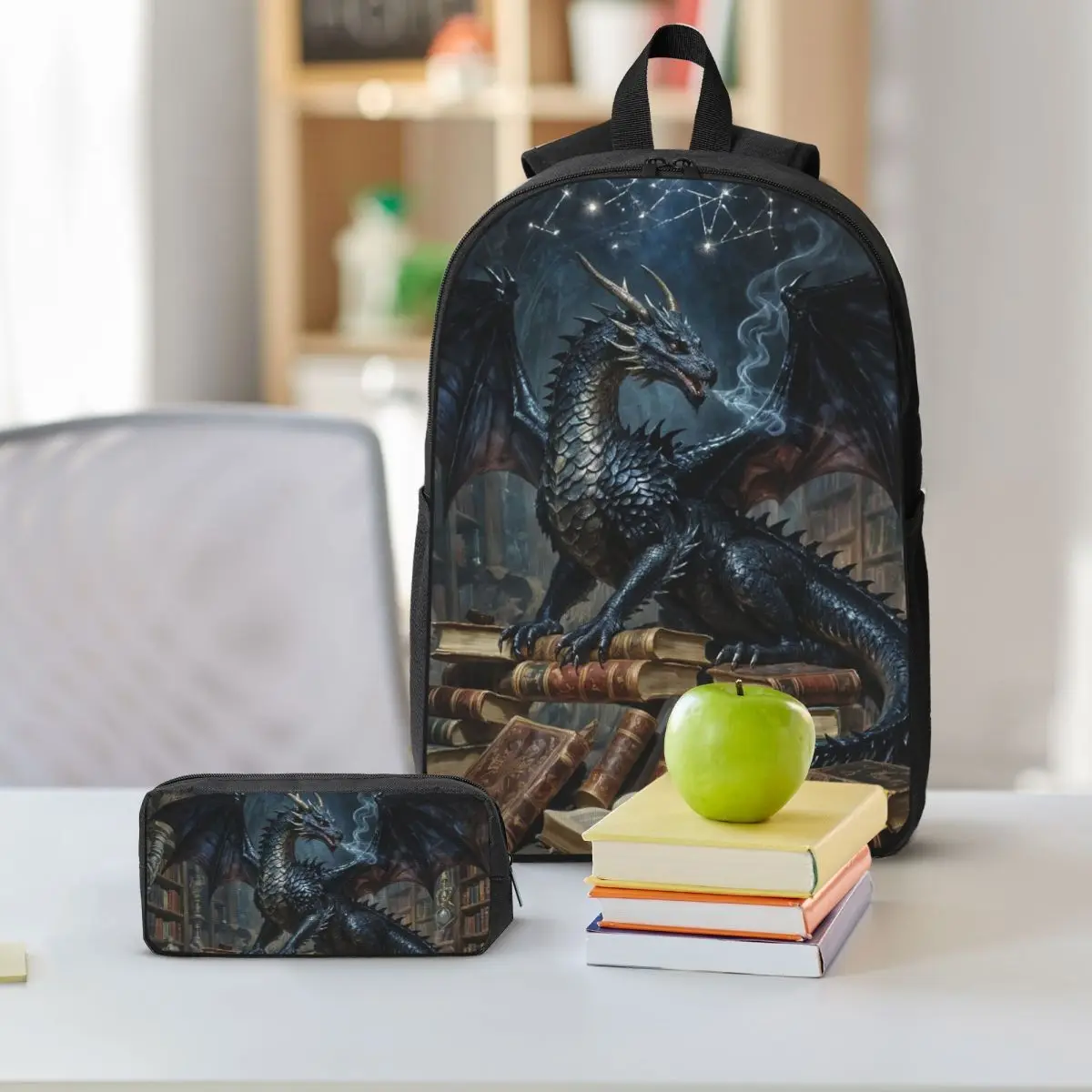 Black Dragon On Books Vintage Backpack Boys Girls BookBag School Bag Shoulder Bags 3ps Insulated Lunch Bag Pencil Case