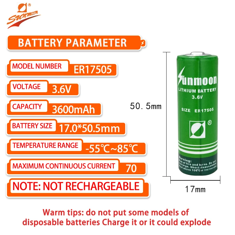 Sunmoon ER17505 3.6V lithium battery used for gas detector, temperature controller, gas meter encoder