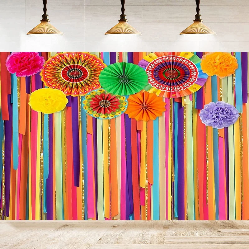 Mexico Fiesta Photography Backdrop Paper Flower Color Stripe Photo Background Cinco De Mayo Party Wedding Decoration Banner