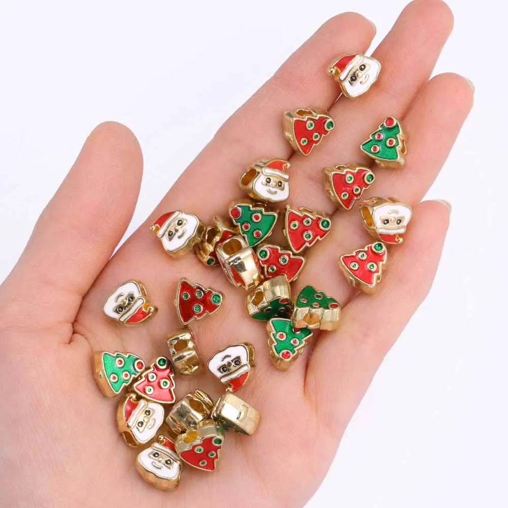 10Pcs Cute Enamel Santa Claus Christmas Tree Charms Beads Jewelry Making Bracelet Necklace Metal Spacer Bead DIY Ornament
