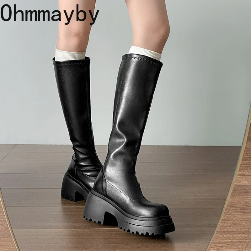 

Autumn Winter Street Style Chunky Knee-High Women Boots Thick Sole Shoes Female Punk Vintage Long Booties Zapatos De Muje