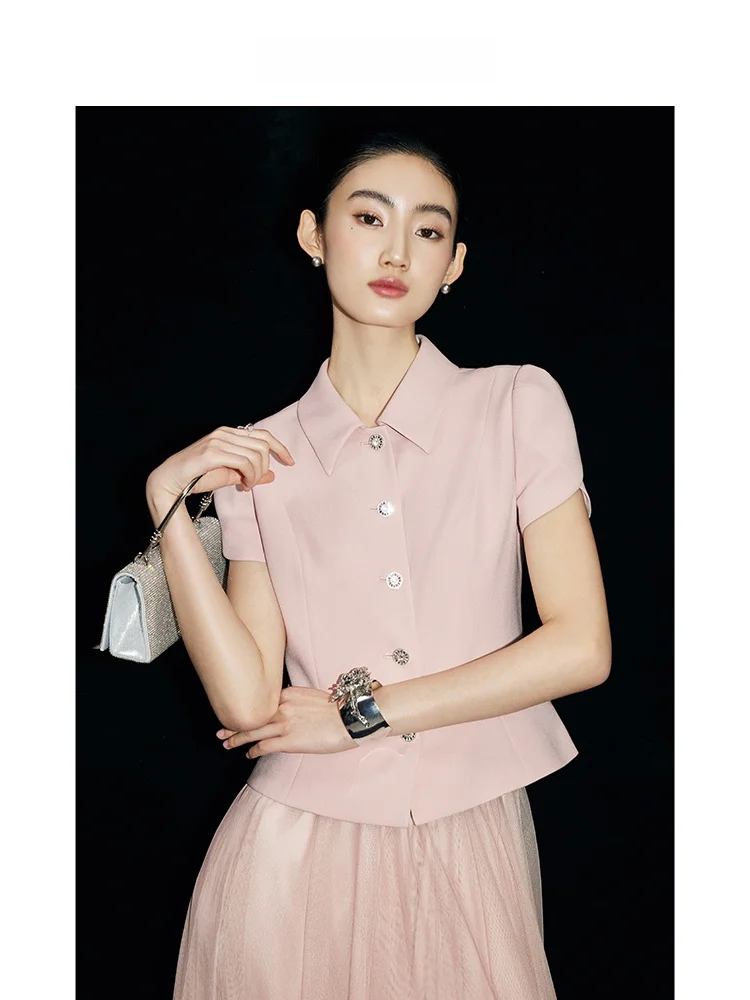 

Летняя женская блузка MandyZhang Ele ort с зауженной талией, рукавами-лепестками и отложным воротником, тонкая, из смесового полиэстера и вискозы