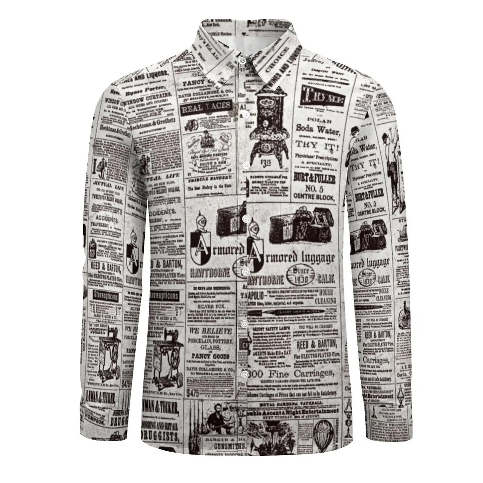 Texture Newspaper Casual Shirts Men Vintage Print Shirt Long Sleeve Loose Harajuku Blouses Autumn Custom Tops Plus Size 3XL 4XL