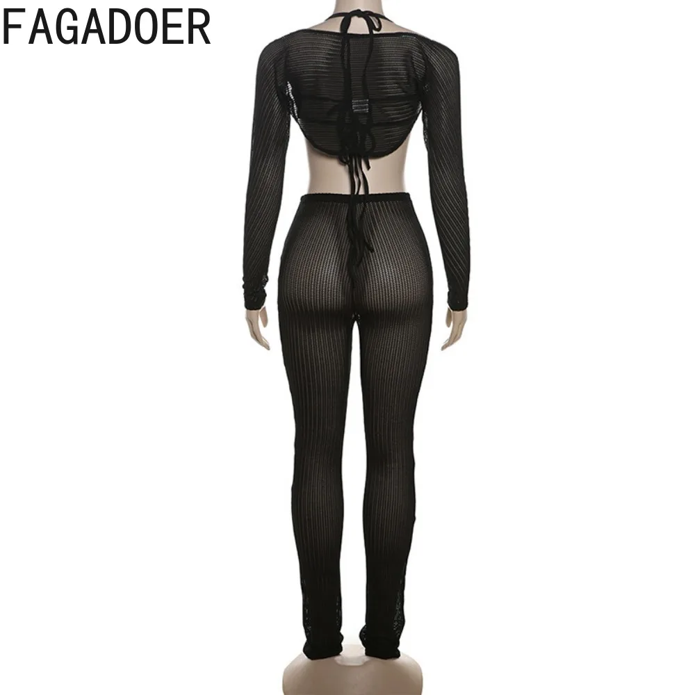 FAGADOER Sexy Solid Knitting Skinny Pants Two Piece Sets Women Low-cut Long Sleeve Crop Top Pants Outfits Female 2pcs Clothing