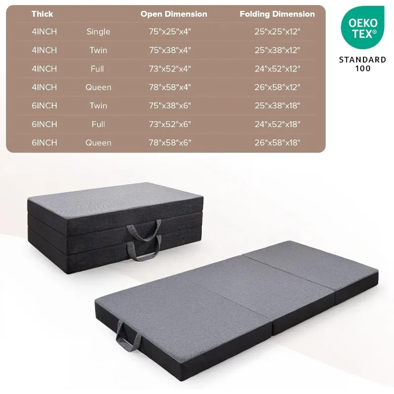 Tri Folding Mattress Full Size - 6 Inch Foldable Mattress, Tri-fold Memory Foam Mattress , Handle & Non-Slip Bottom, 73