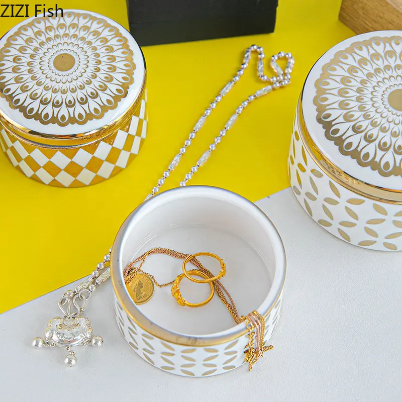 Gold Plated Pattern Storage Tank Tea Canister Minimalist Round Ceramic Storage Jar and Lids Candy Pots Porcelain Jewelry Box