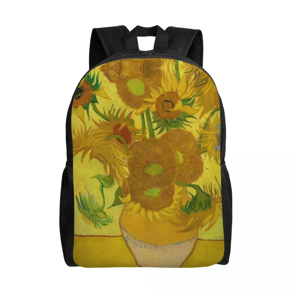 Vaso personalizado com girassóis Mochila para homens e mulheres, estudantes universitários Bookbag, sacos de pintura, Van Gogh