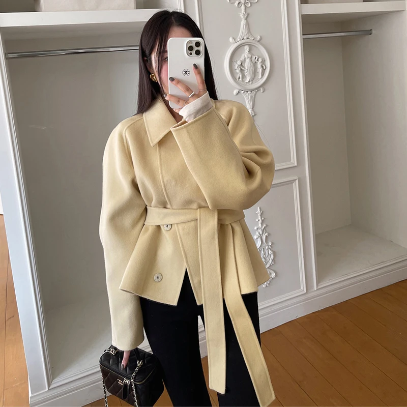 

Autumn New Korean Fashion High-street Outerwear Jacket Women's Lapel Long-sleeve Belted Woolen Coat Casual Chic Coat Office Lady