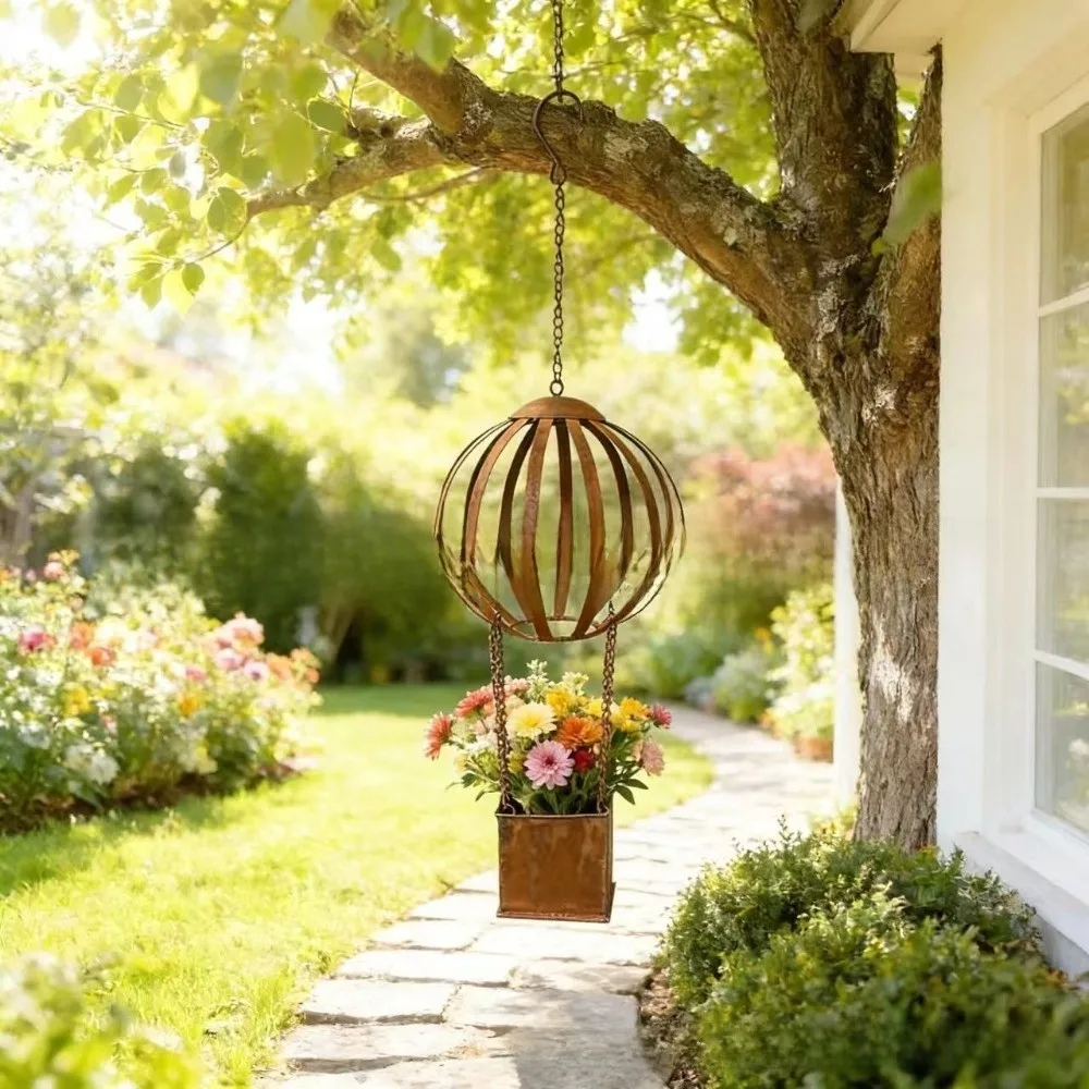 Unique Iron Hot Air Balloon Planter Retro Decoration Flower Pot Creative Hanging Planter Porch