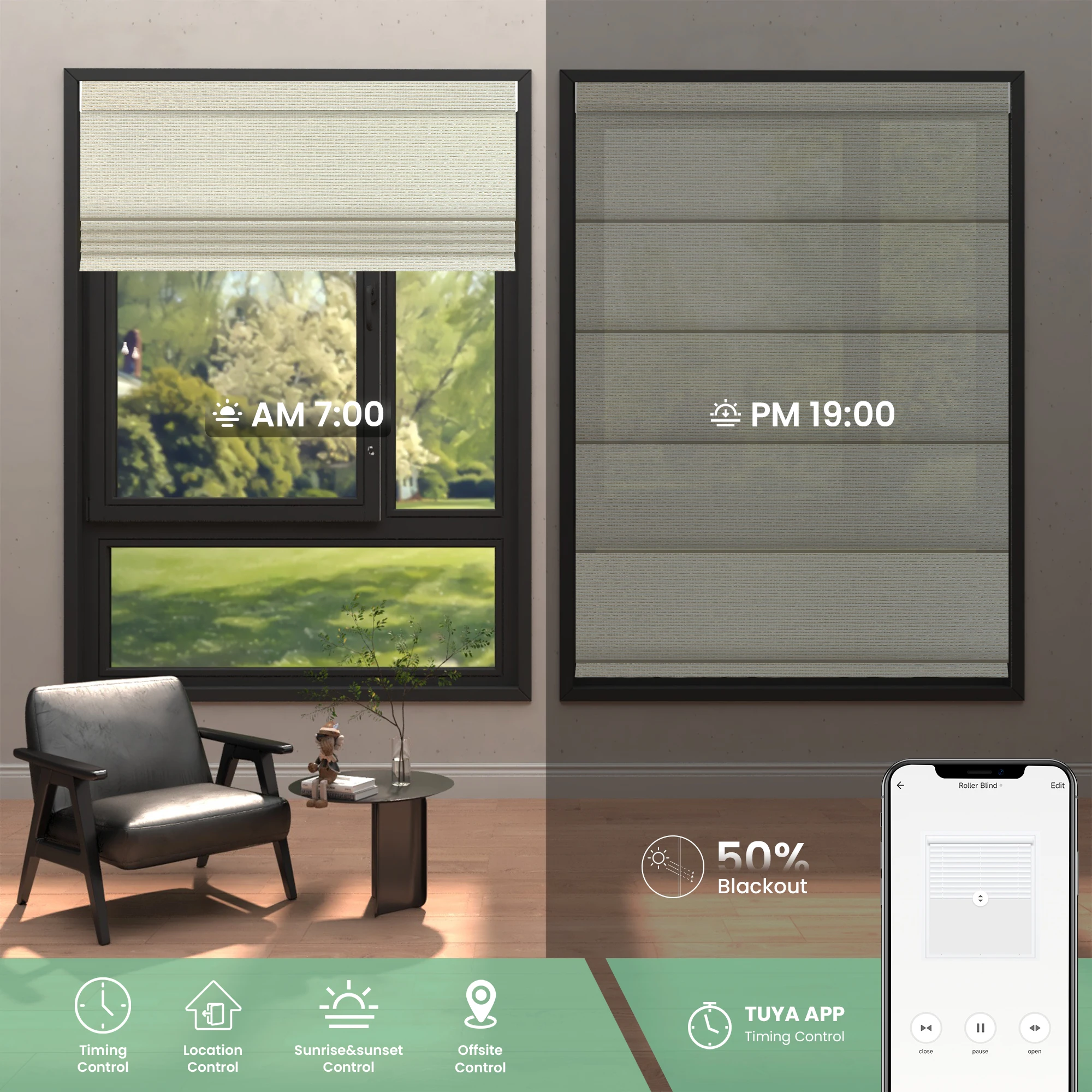 Electric Automatic Smart Bluetooth Kitchen Living Room Bedroom Blackout Motorized Roller Shades Roman Blinds For Window